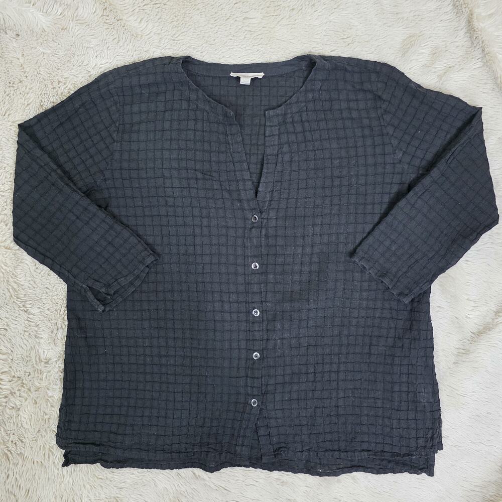 Eileen Fisher Minimalist Black Shirt Organic Button Down Grid Window Pain Sz XS